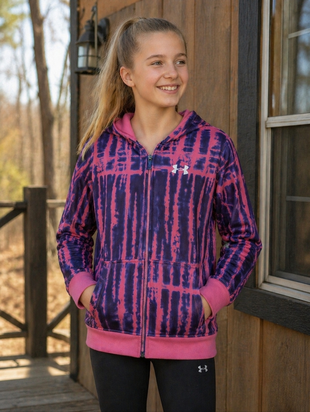 3/$50 UNDER ARMOUR girls loose fit pink & purple tie-dye zip up hoodie sz LG
